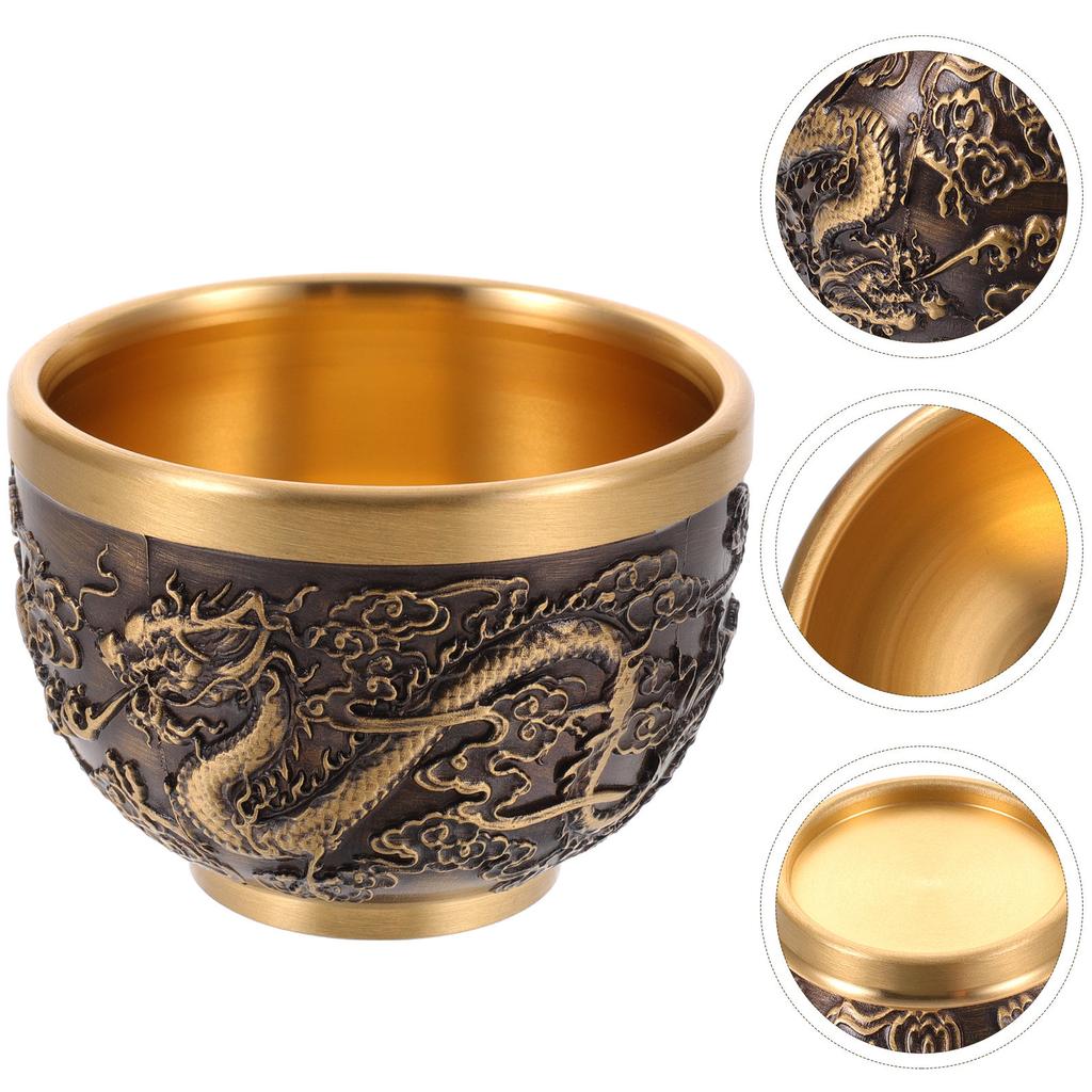 Chinese Style Copper Tea Cup Vintage Dragon And Phoenix Pattern Teacup Embossed Cup Home Decoration Brass Ware Crafts