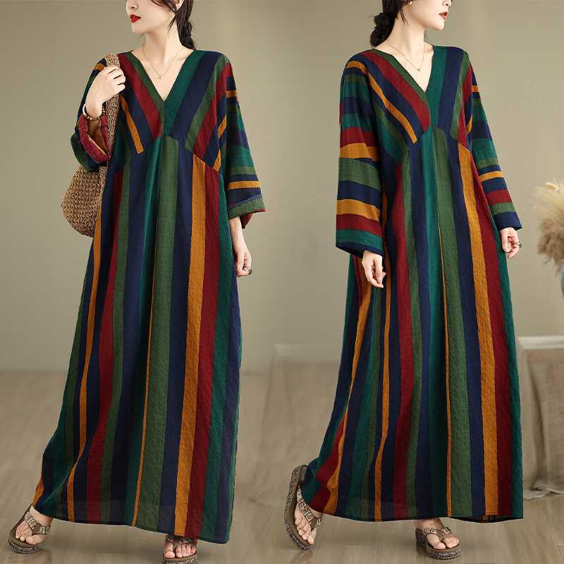 Women's Long Sleeve Maxi Dress V Neck Loose Fit Vintage Striped Print Casual Long Dress