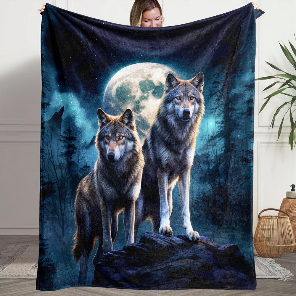 Two Wolves Moon Forest Flannel Throw Blanket Night Sky Full Moon Wild Animal Sofa Blanket