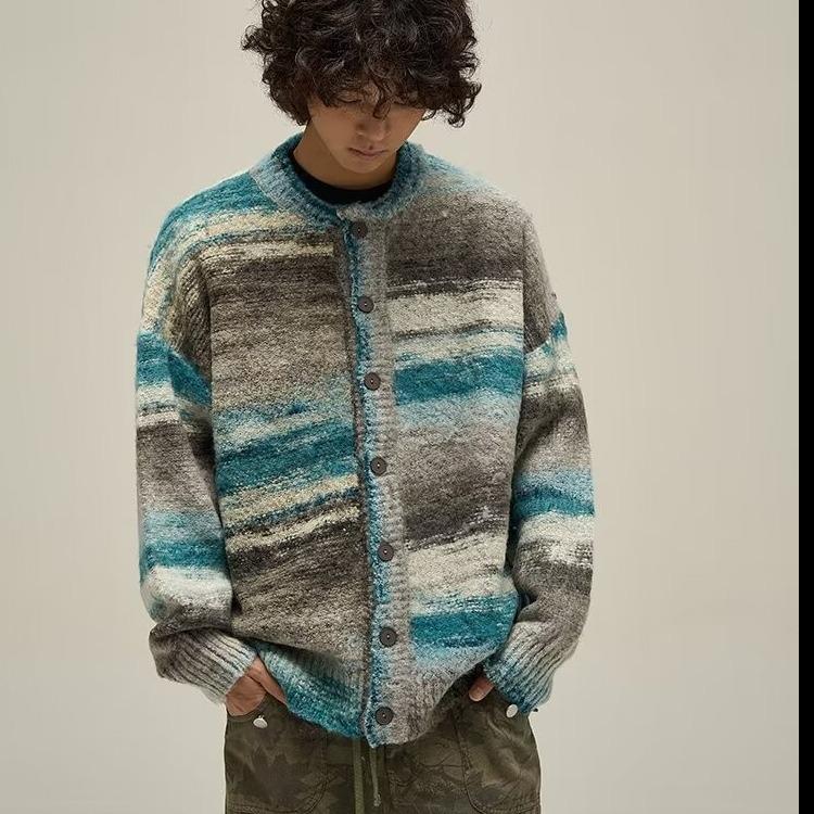 Men's Autumn/Winter Retro Striped Cardigan Sweater - Loose Fit, Casual Style