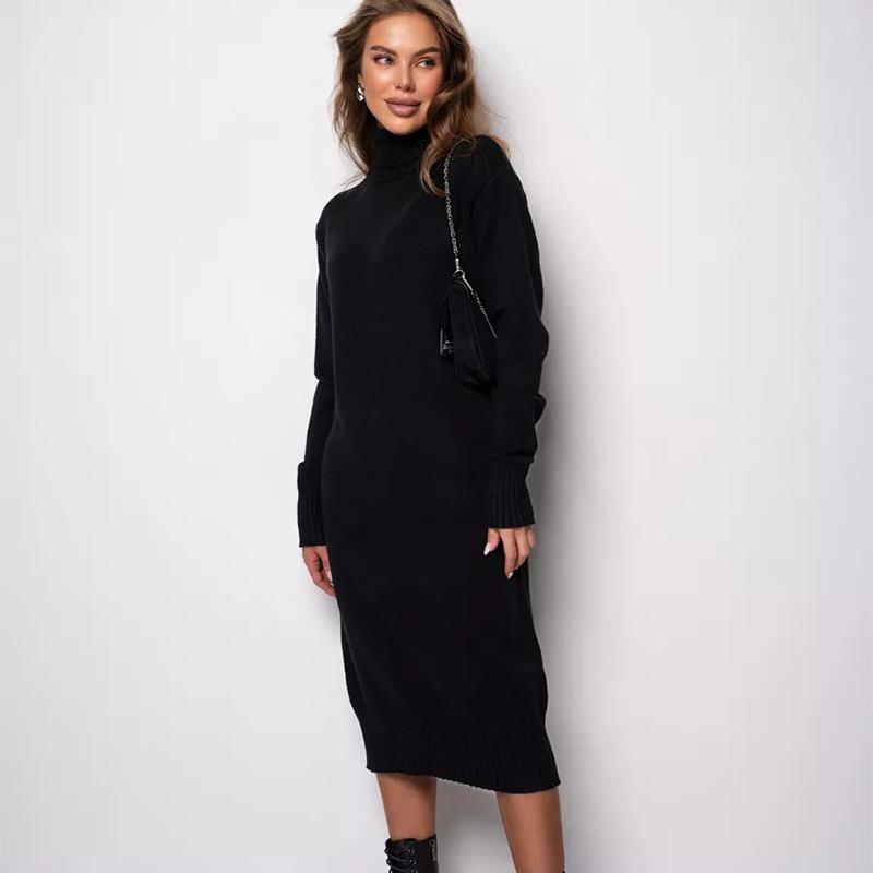 Ribbed Turtleneck Knitted Dress Women Autumn Winter Basic Long Sleeve Sweater Dress Woman Solid Color Long Dresses Female