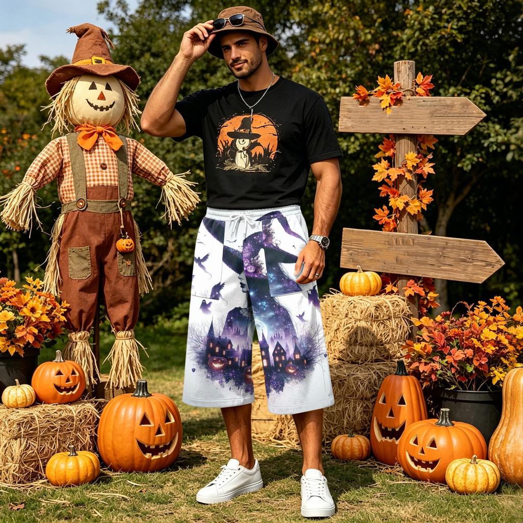 Men's Casual Loose Fit Printed Drawstring Cropped Pants with Large Pockets