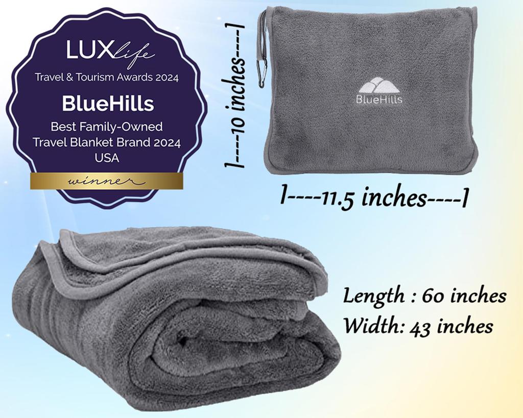 BlueHills Premium Soft Travel Blanket and Pillowcase for Flight Throw and Compact Large Warm Travel Airplane Portable Gray Airplanes, Blanket, Bag,