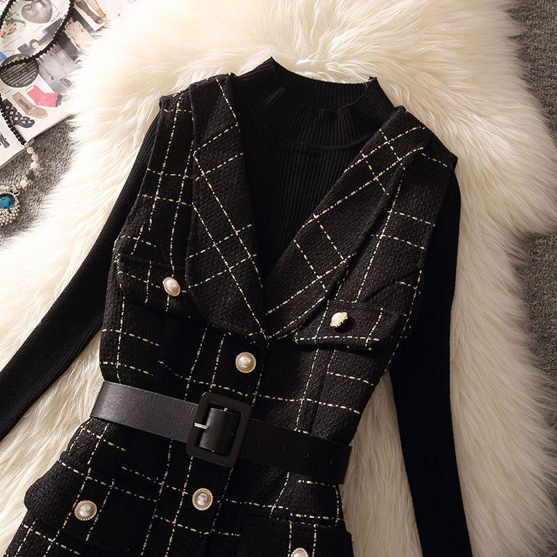 Жіноча модна вовняна картата сукня А-силуету з трикотажною сорочкою