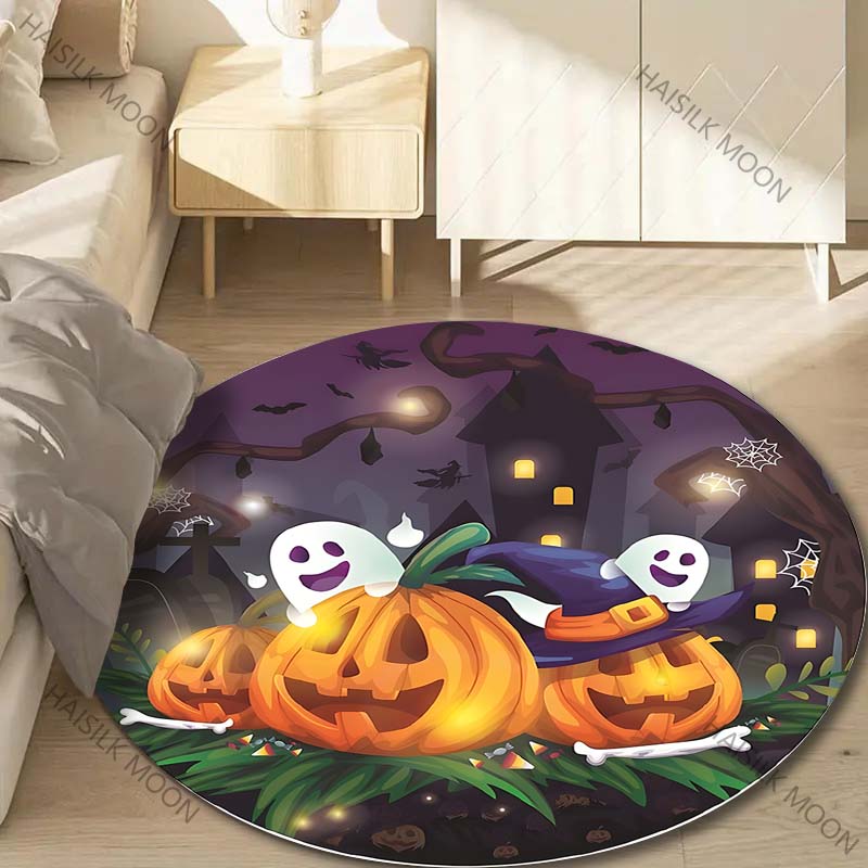 1PC Pumpkin Head Bat Castle Halloween Round Carpet for Kids Living Room Rugs Picnic Mats Flannel Anti-Slip Rug Luxury Gift