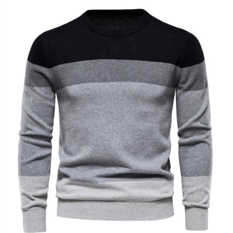 Men's Striped Knit Pullover Sweater - Youth Style, Round Neck, Spring/Autumn Wear
