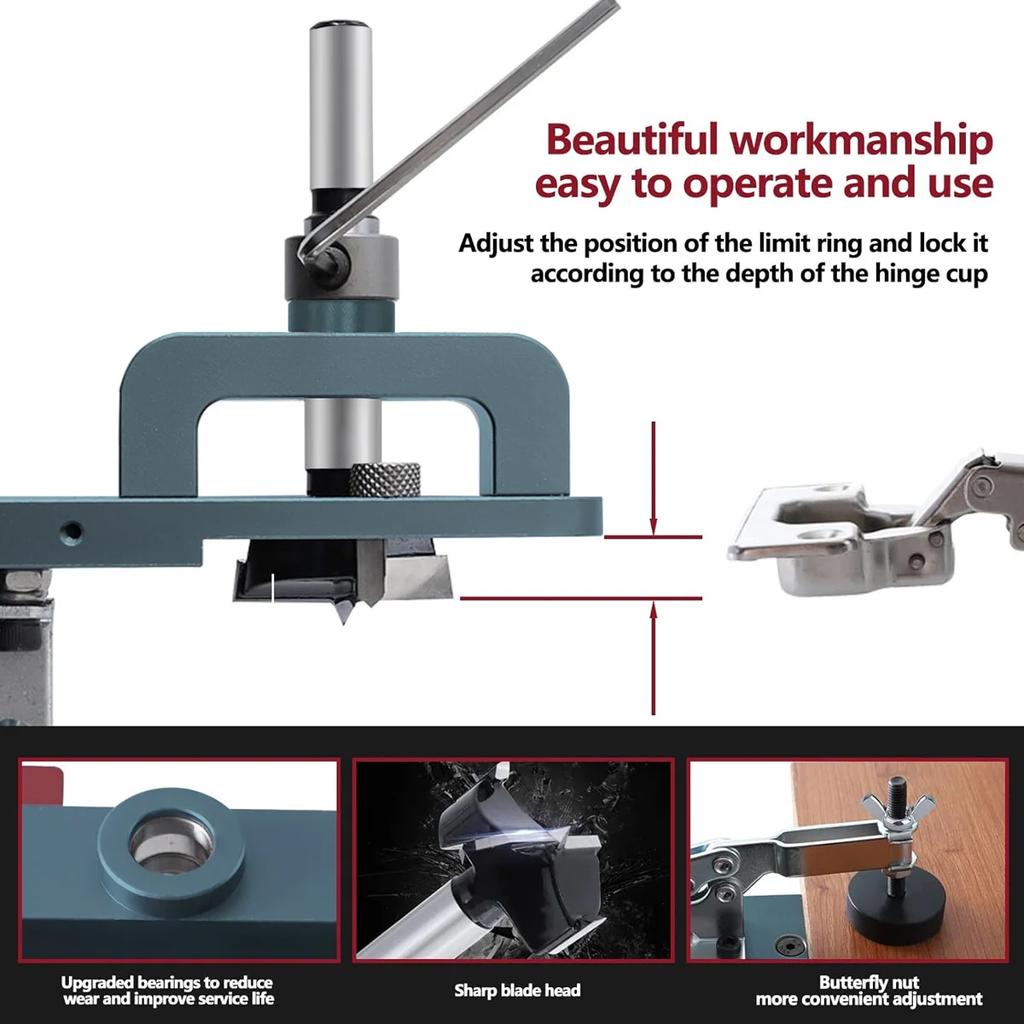 35mm Hinge Jig - Precise Boring Guide with Adjustable Edge & Quick Clamp - Hardened Drill Bits for Cabinetry, Furniture DIY