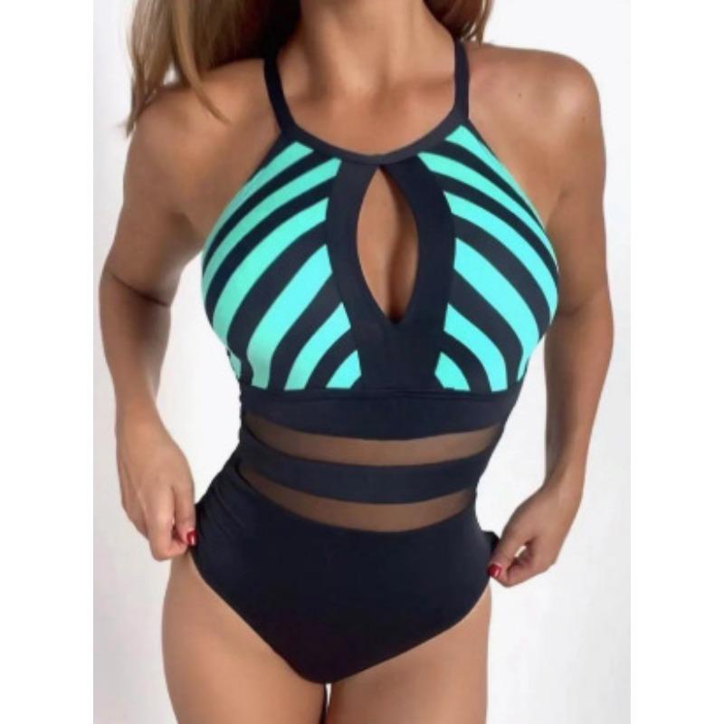 Nylon fabric new striped printing sexy backless mesh splicing one-piece women's swimsuit