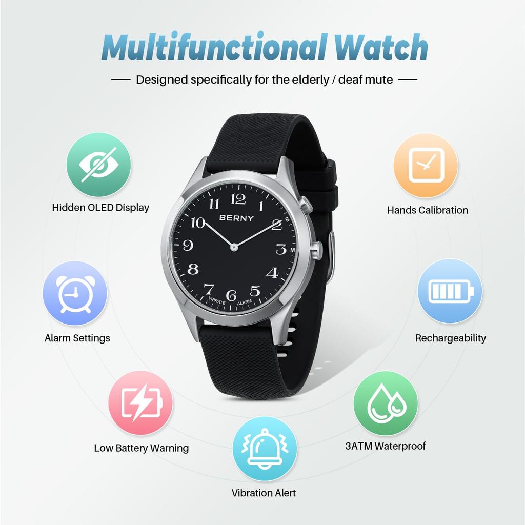 BERNY Wibrujący Zegarek z Ukrytym OLED Wibracje i Alarm Specjalnie Zaprojektowany dla Osób Starszych i Niedosłyszących Wodoodporny do 3 ATM, Wielofunkcyjny