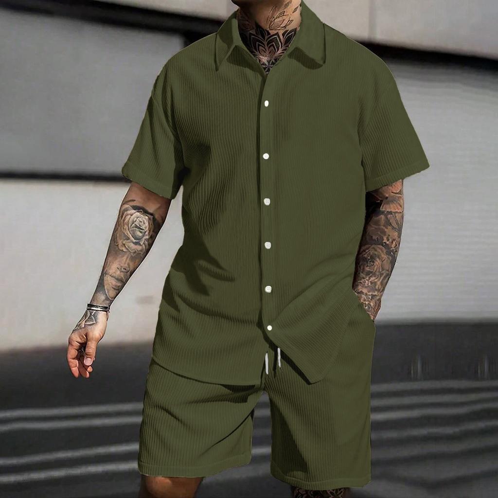 Men's Summer Solid Color Stripe Casual Fashion Loose Short-Sleeved Shorts Shirt Suit