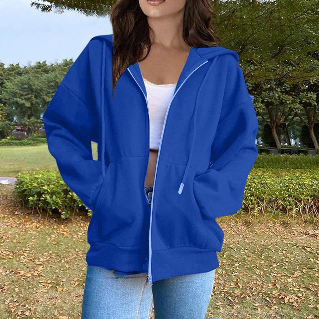 Women's Casual Fashion Solid Color Long Sleeved Zippered Hooded Sweatshirt