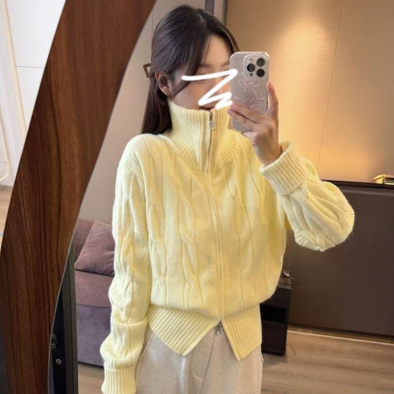 Autumn and winter thickened lazy style short knitted jacket turtleneck twist double zipper cardigan sweater women