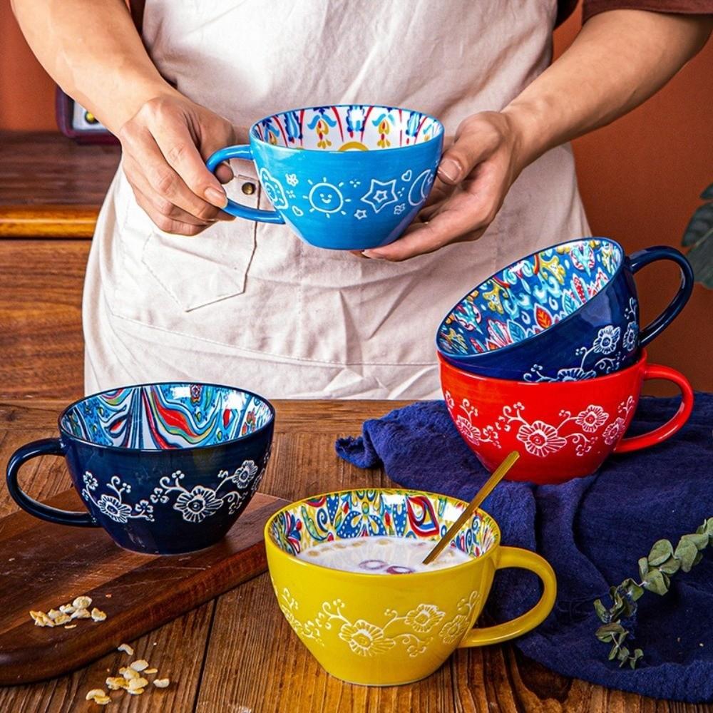 15oz Capacity Boho Ceramic Cup Hand Painted Heat Resistant Ethnic Style Ceramic Mug Microwave Safe Ceramic Milk Coffee Mug