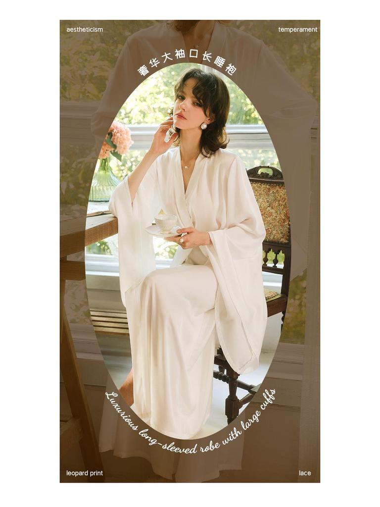 Sweet Satin Open-Front Robe: Deep V, Light Luxury, Tie-Waist, Wide Sleeves Homewear.