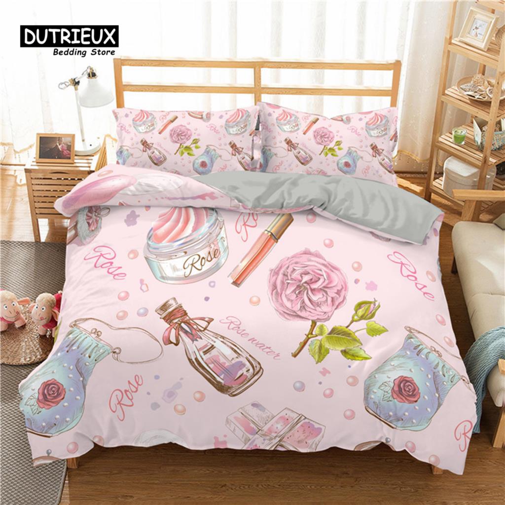 Fashion Sleep Bedding Collection Makeup Cosmetic Theme Bedspread Cover Polyester Perfume Lipstick Nail Polish Brush Print Pattern Quilt Cover King