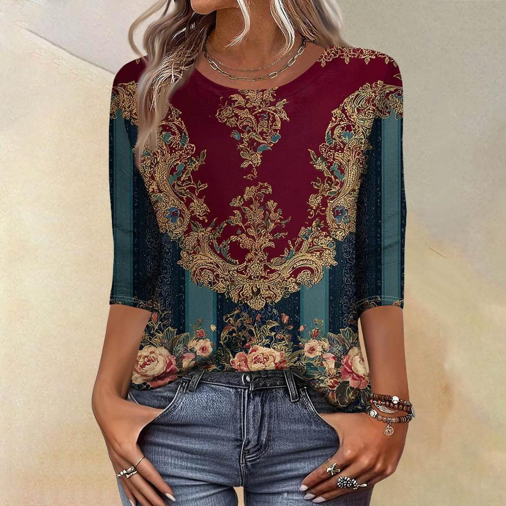 Trendy Vintage 3/4 Sleeve Top For Women,Ladies Casual Three Quarter Sleeve Round Collar Printed T-Shirt Blouse