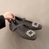 Premium Gray Thick Heel High Heel Square Head Rhinestone Woolen Single Shoes Women's Autumn and Winter Velvet Mary Jane Shoes