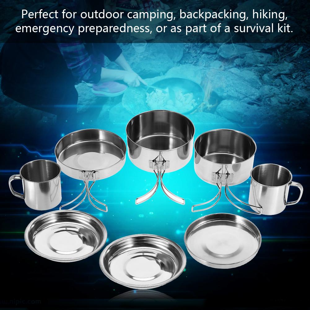 Set 8 Piese Portabil Inox Vase Oală Tigaie Farfurie Cană Set pentru Camping în Aer Liber Picnic