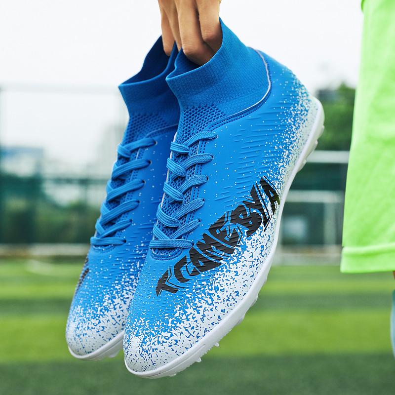 

31-48 мужские/женские высокие эластичные носки футбольные бутсы резиновая мягкая подошва с короткими шипами из искусственного газона кожа молодежные детские футбольные бутсы 45 королевский синий