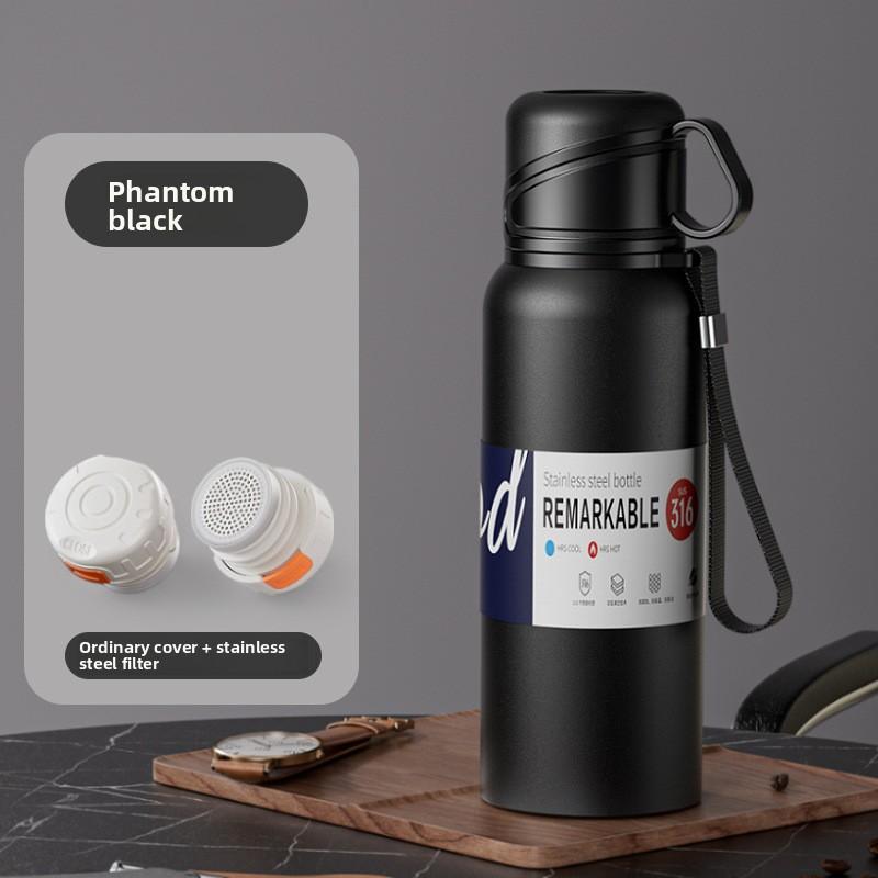 Large-capacity double-lid insulated cup, 316 water bottle, stainless steel tea and water separation portable outdoor water cup