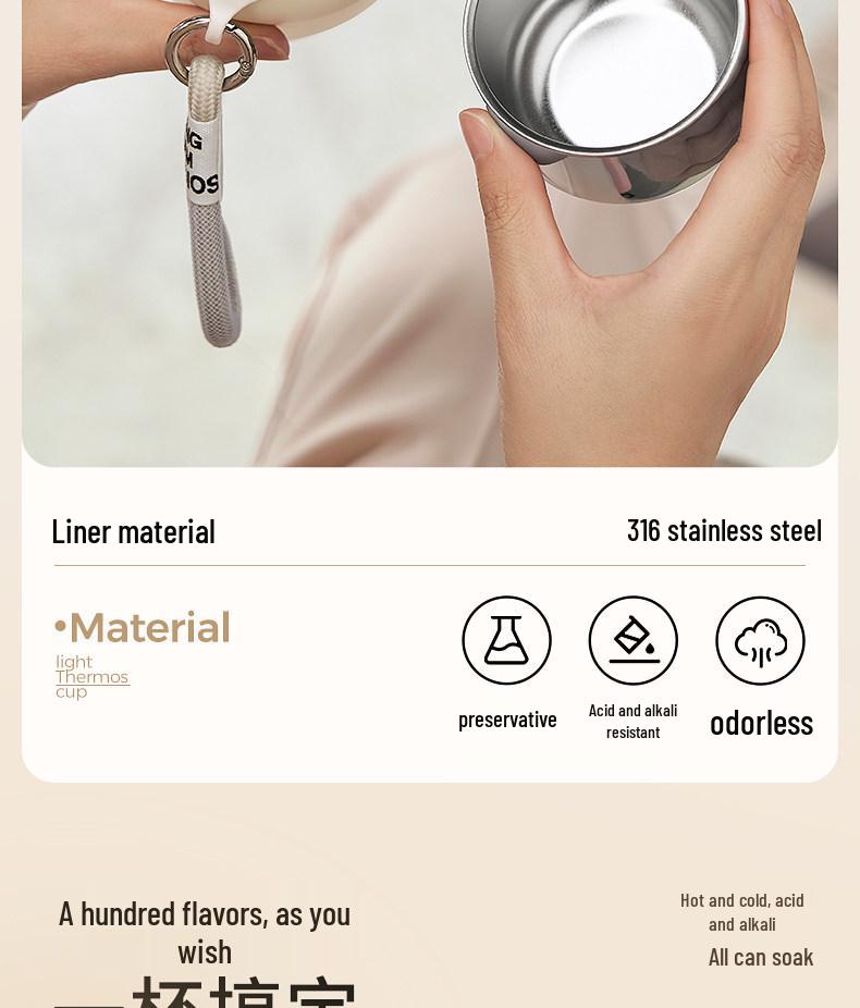 Women's Portable Thermos Mug, Compact 2025 Design, 316 Stainless Steel Lid, Suitable for Drinking Water, Child-Friendly.