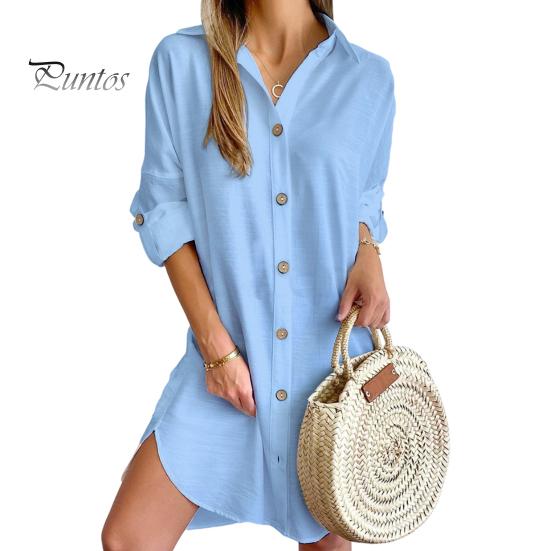 

Платье-рубашка для женщин осень-весна, однобортное, с разрезом по низу, свободное, однотонное, с пуговицами и запонками, длиной выше колена, мини-платье M синий