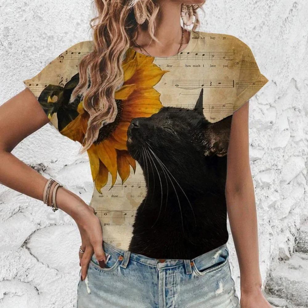 Women's Short Sleeved  Fashion Leisure Cats Lovely Pattern Print T-Shirt Elegant Oversized Summer