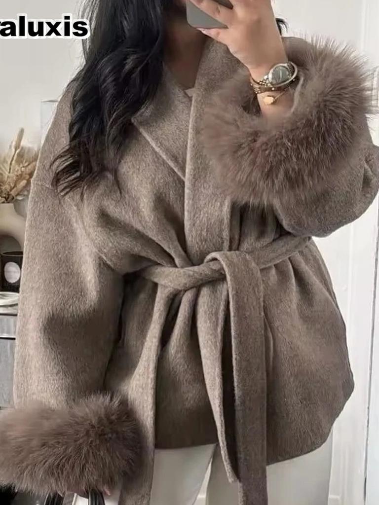 Fall French Wool Coat Short Jacket Women Fluffy Sleeve V-Neck Tie Waist Solid Color