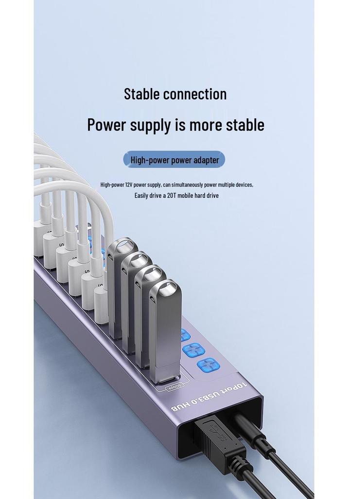 10-Port USB 3.0 Hub with Switch, Charging Type-C Port, One-to-Ten Splitter