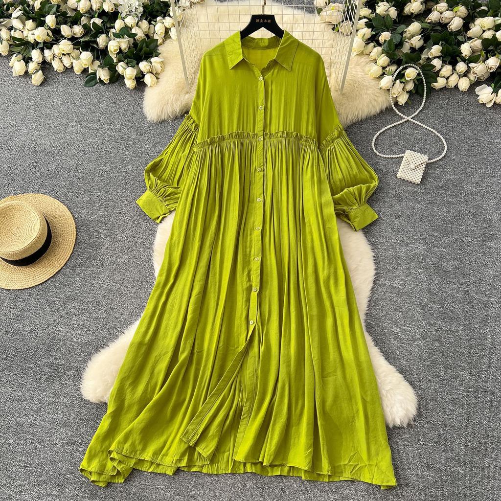 Women Spring Vintage Loose Dresses Women Lantern Sleeve Turn-down Collar Solid Single Breasted Casual Folds Long Dress