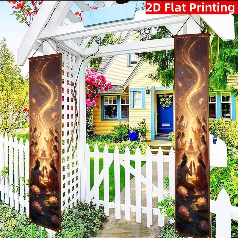 2D Flat, 2pcs Rama's Return Banner Suitable for Diwali, Christmas & New Year Decorations - Hindu Religious Ritual Backdrop with Ramayana, Welcome Sign
