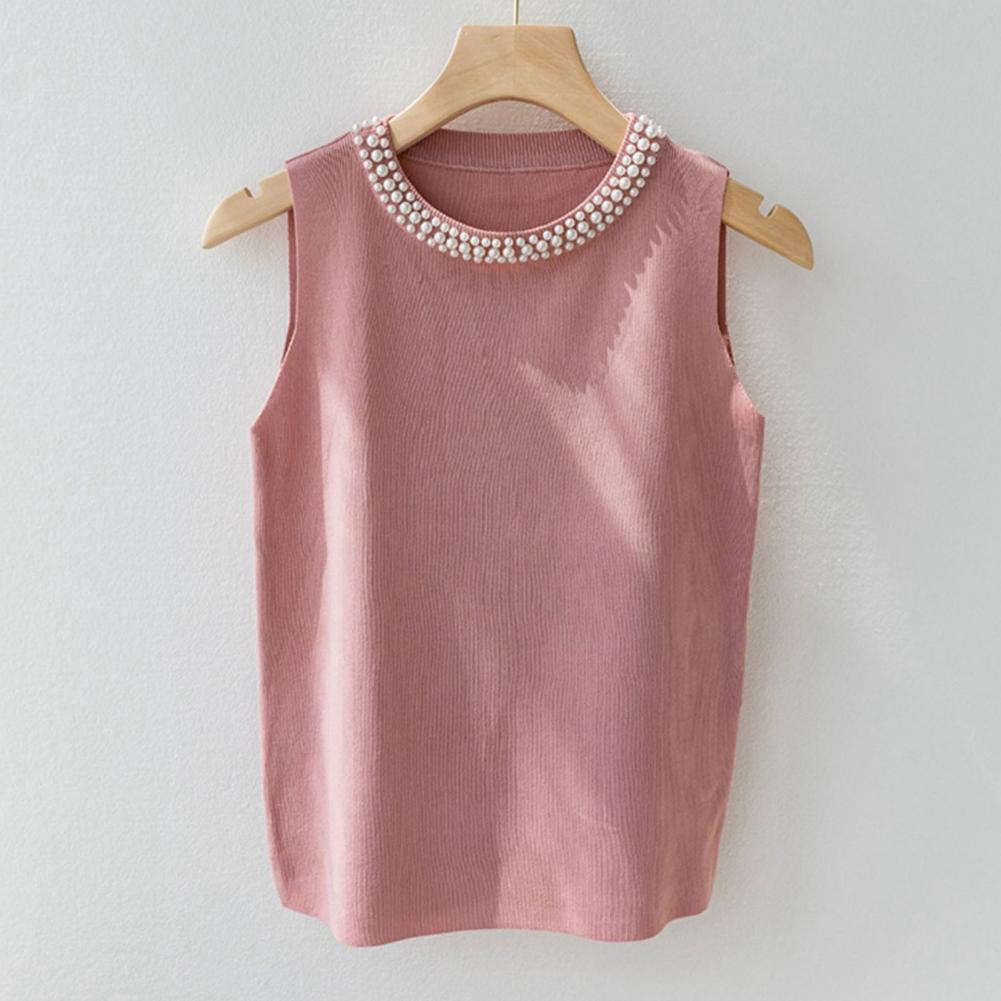 Relaxed Fit Fit Vest Top Elegant Faux Pearl Knit Vest Comfortable Tank Top Stylish 3d Cut Relaxed Fit Fit Blouse for Women Sleeveless Tee