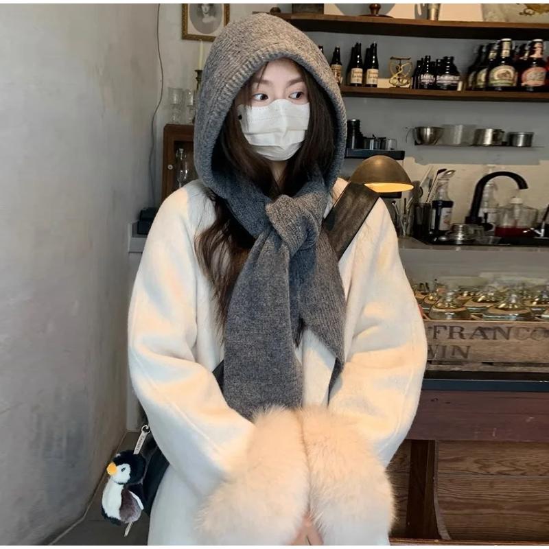 Knitted Winter Balaclava One-Piece Thickened Scarf Cap Winter Accessories Hooded Hat Neck Protection Scarf Cold Weather