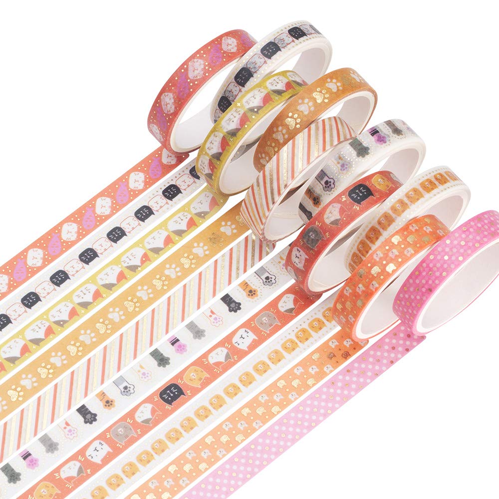 

YUBBAEX Masking Thin Gold Foil 8mm Wide x 10 Thin and perfect for gift DIY and notebook Tape, Stamped, Rolls. wrapping, crafts, decoration. (Cat