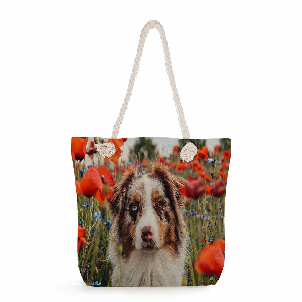 Multifunctional Dog Printed Thick Rope Shoulder Beach Bag Casual Large Capacity Handbag 7620