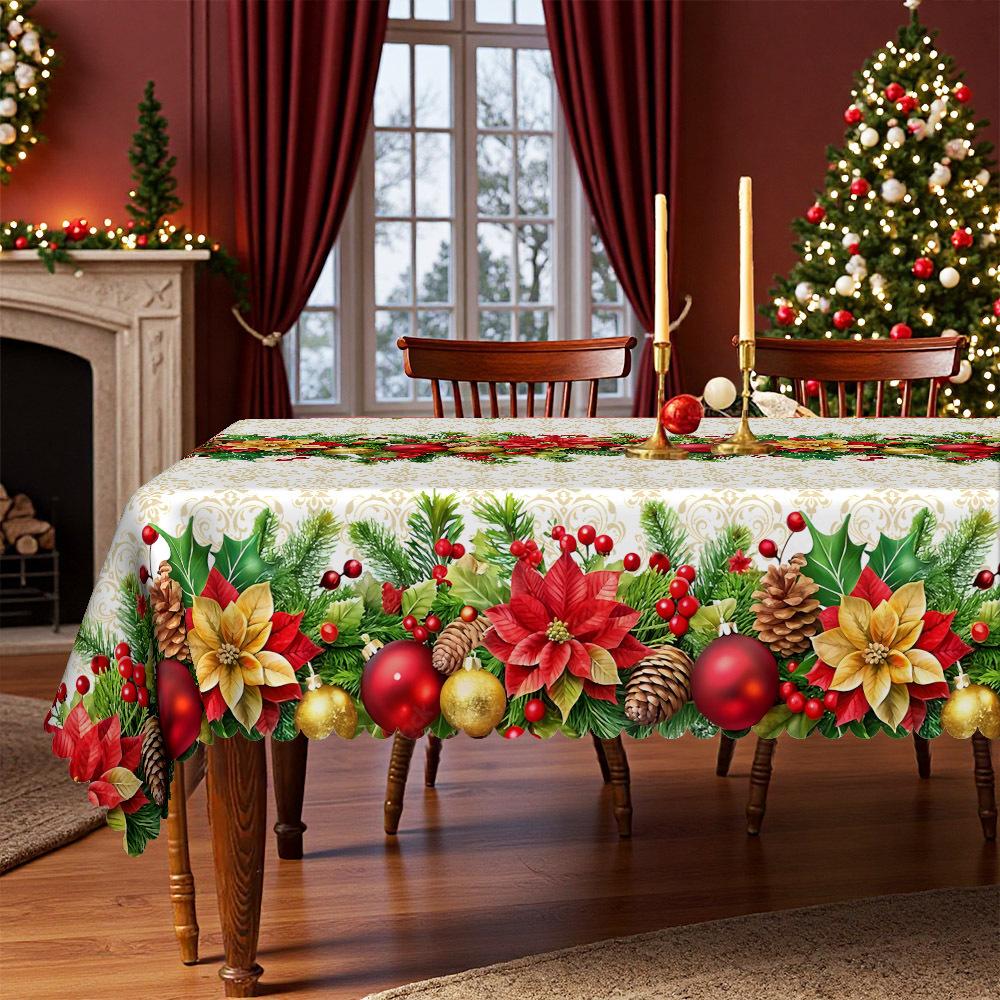 Christmas Table Round Tablecloth, Flower And Bird Pattern Waterproof Tablecloth, Holiday Table Arrangement Coffee Table Decorative Cloth