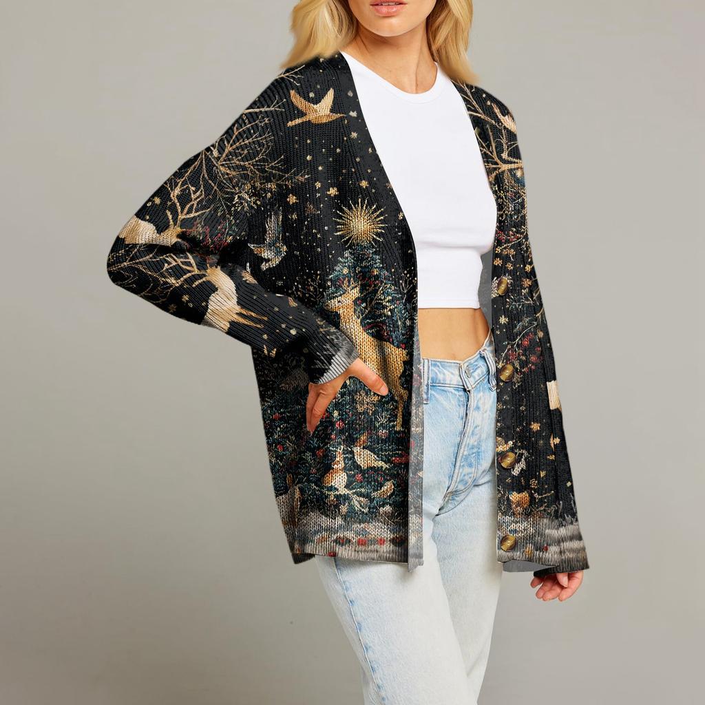 Women's Fashion Long Sleeve Christmas Print V-Neck Button Loose Cardigan Top