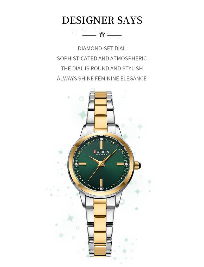 CURREN 9094 Women's Quartz Watch, Small Dial, Steel Band, Rhinestone Inlaid, Korean Fashion Style.