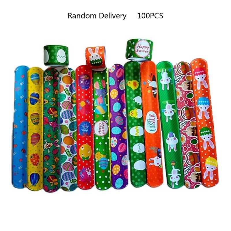 652F 100 PCs Easter Slap Bracelet with Colorful Design Easter Basket Stuffers for Birthday Valentines Day Party CN