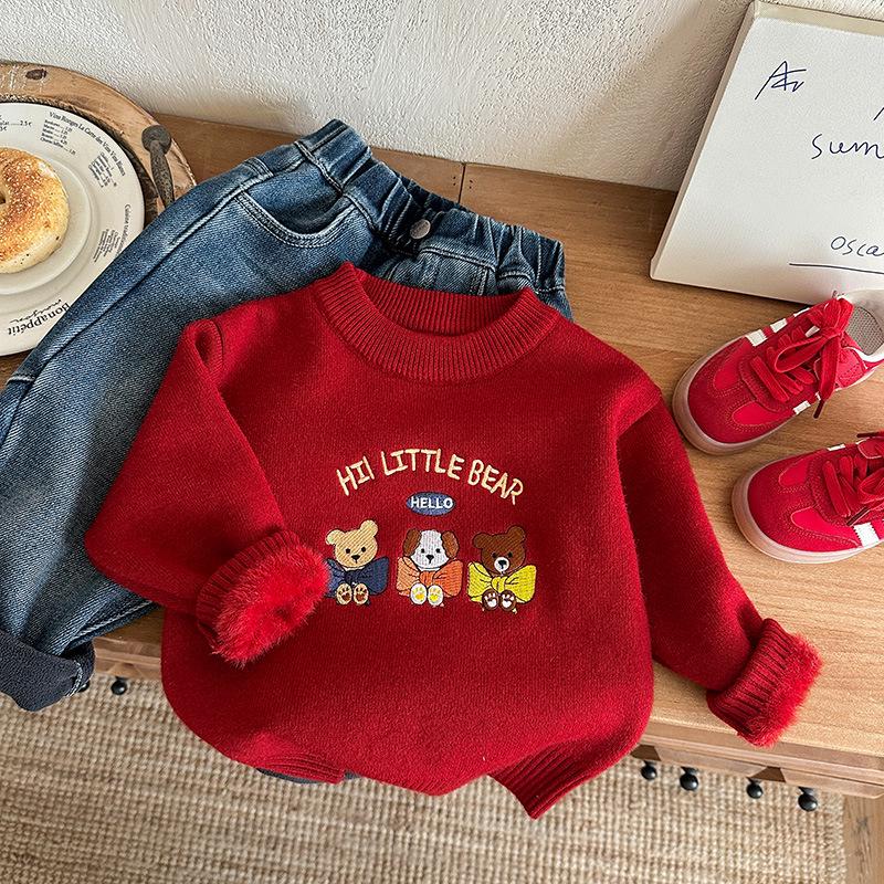 Мальчиковый вышитый мультяшный свитер 2025: Осенне-зимний пуловер, толстый вязаный свитер с круглым вырезом 90cm