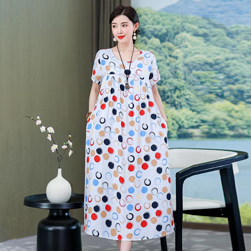 2 Neues hochwertiges florales Baumwoll-Seiden-Kleid für Damen-Sommer-Temperament, Bauchbedeckung für Mütter, große Größe künstliche Baumwolle langer Rock