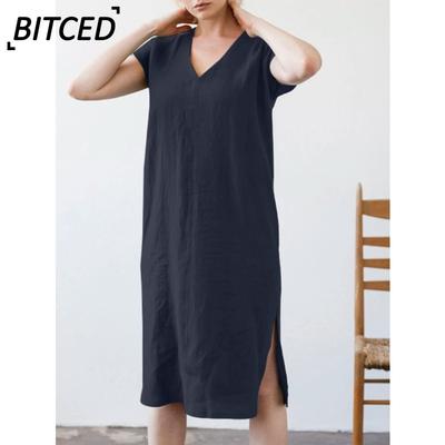 Fashion Summer Spring Solid Color Print Short Sleeve V-Neck Casual Dresses