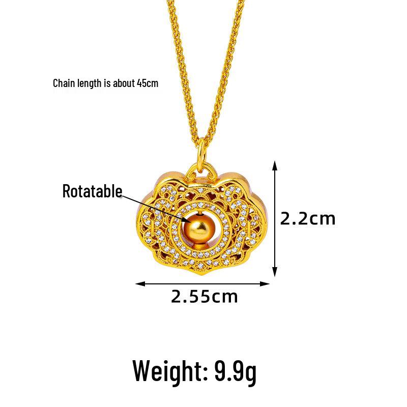 New Chinese-Style Diamond-Inlaid Openwork Peace Lock Necklace: Women's Ethnic Vietnamese Sand Gold Pendant, Trendy Long-Lasting Color Jewelry.