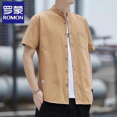 E Men's Pure Cotton Chinese Style Stand Collar Short Sleeve Shirt