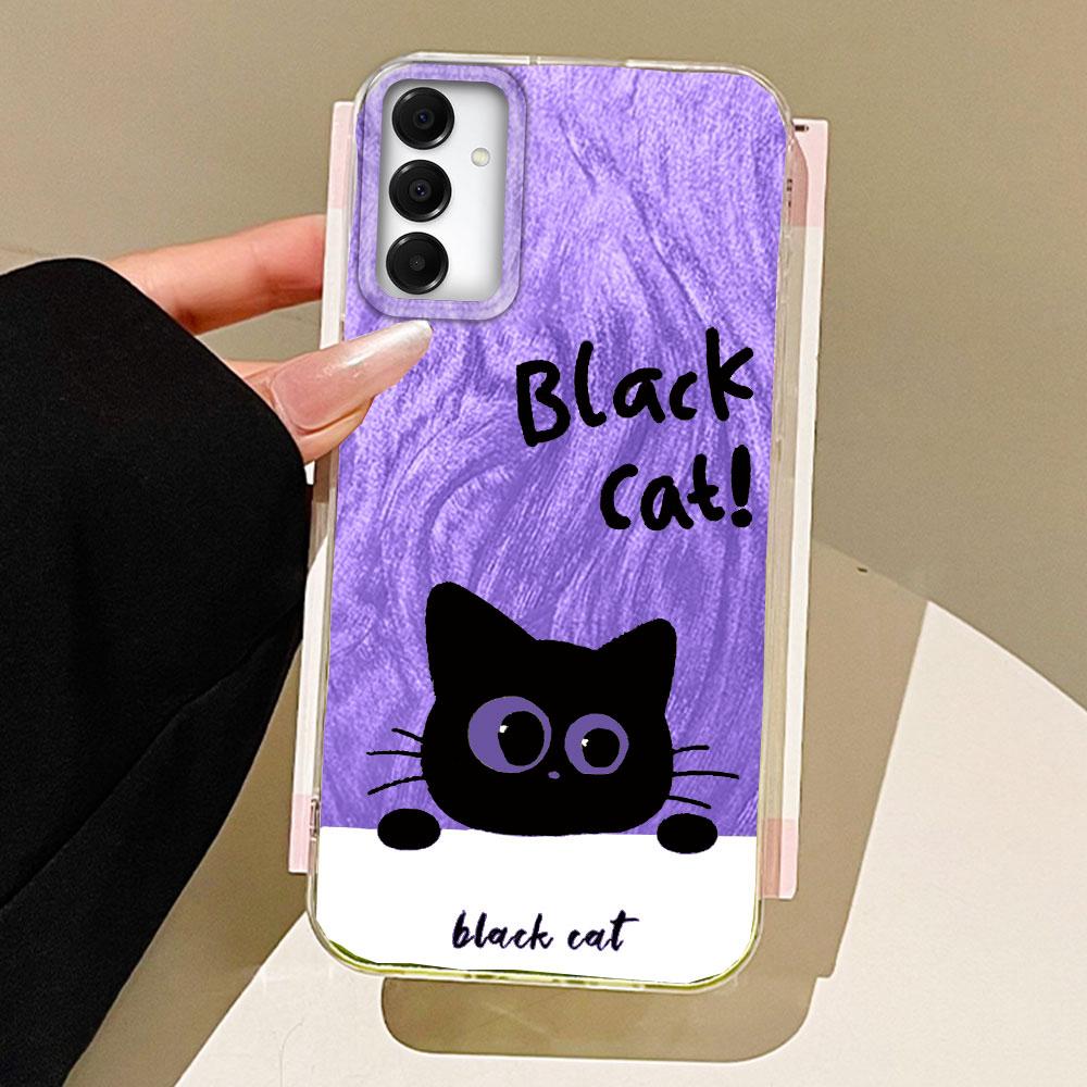 Green Cute Black Cat Camlet Texture Phone Case for Samsung Galaxy A55 A56 A36 A26 A16 A53 A06 A14 A24 A34 A54 A15 A25 A35 Cover
