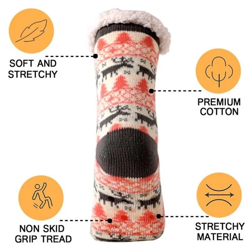 Winter Warm Socks Women Plush Soft Female Non Grip Floor Slippers Short Sock Fuzzy Fluffy Deer Elk Bear Christmas Gift