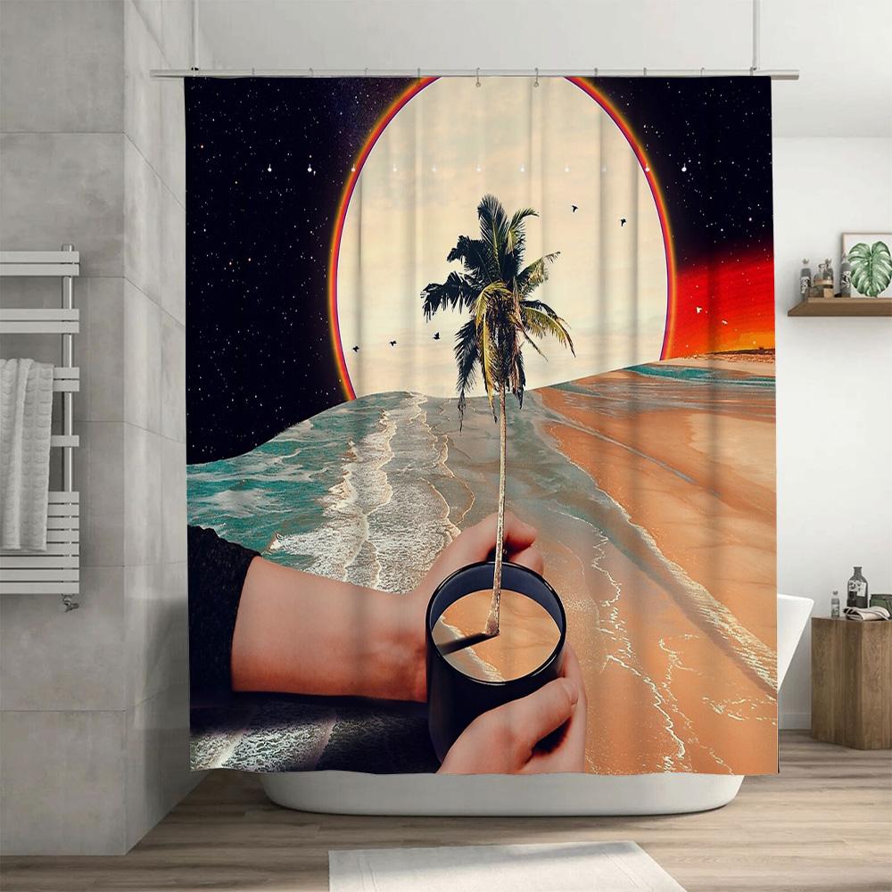Tropical Ocean Wave Shower Curtain Palm Tree Beach Coastal Nature Bathroom Decor Set