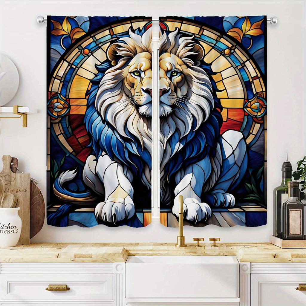 2 Panels Glam Style Lion Print Semi-Sheer Curtains, Machine Washable Polyester Decorative Drapes with Rod Pocket for Living Room