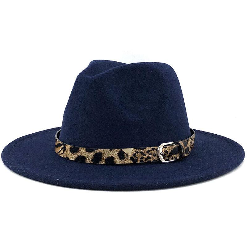 Fashion leopard print belt woolen top hat ladies jazz hat autumn and winter versatile felt hat flat edge top hat church hat