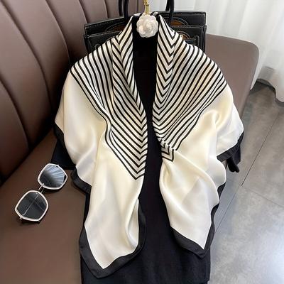 Simple Striped Shawl Soft Satin Square Scarf Elegant Bandana Imitation Silk Head Wrap Classic Sunscreen Travel Beach Towel